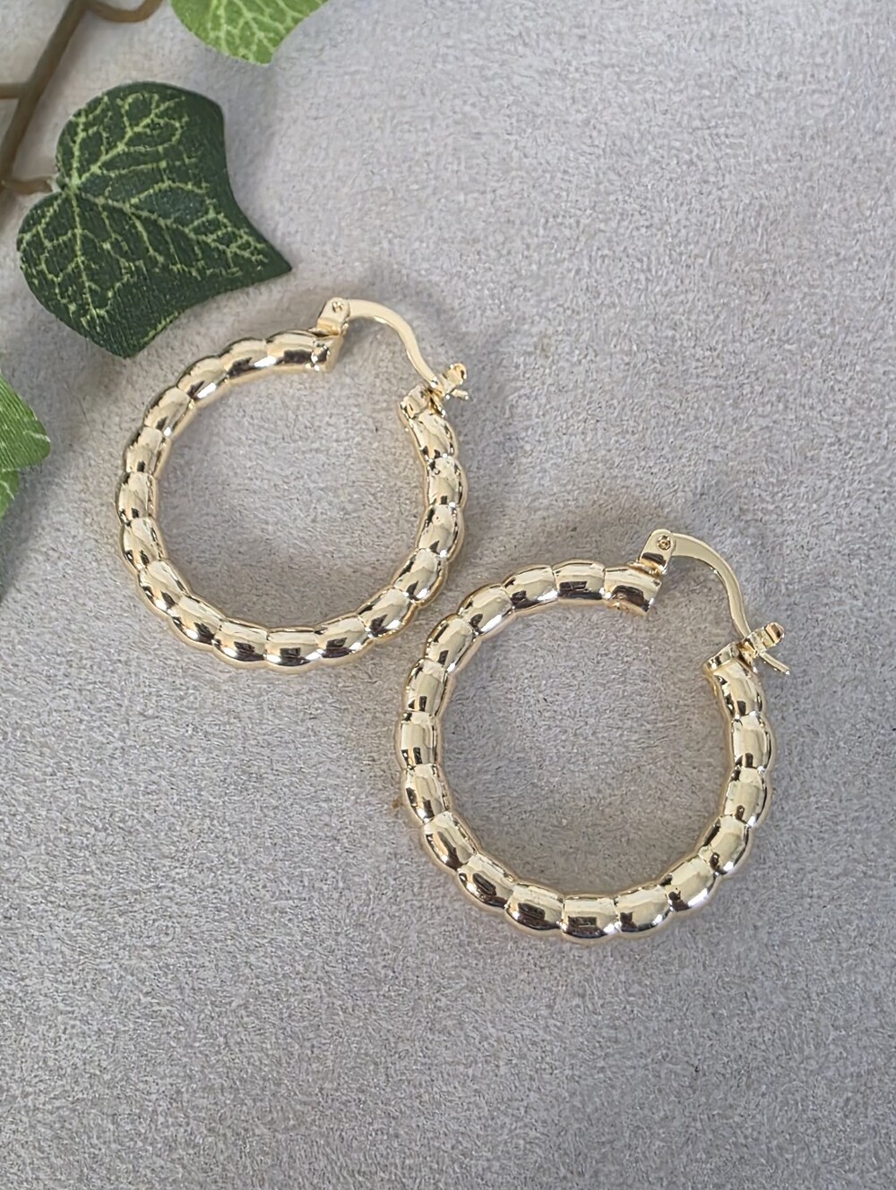 ​Gold Filled Beaded Bubble Hoop Earrings Chunky Textured Medium Hoops